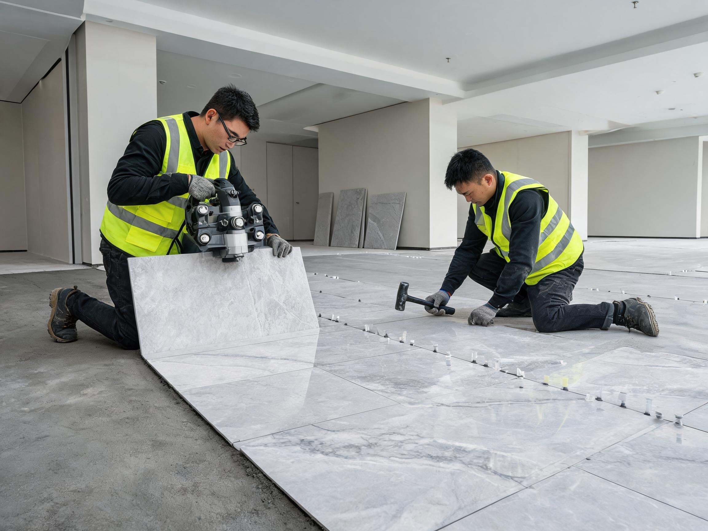 Professional workers installing large-format natural stone floor tiles in a commercial high-traffic space