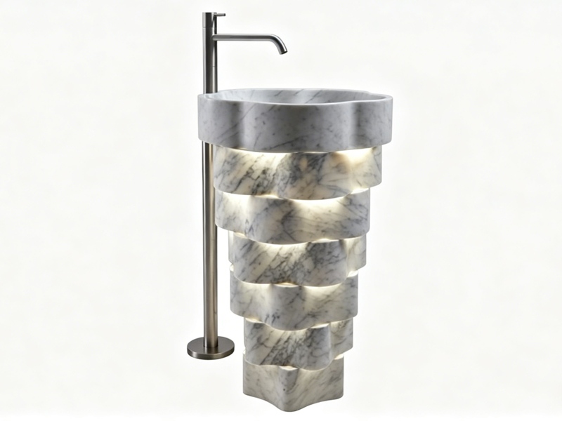 Flower Carrara White Marble Pedestal Sink