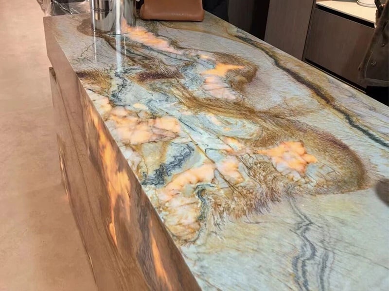 Backlit Calacatta Macaubas Quartzite Kitchen Island Project