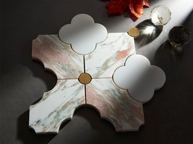 The Clover Brass Thassos Marble Stone Waterjet Mosaic