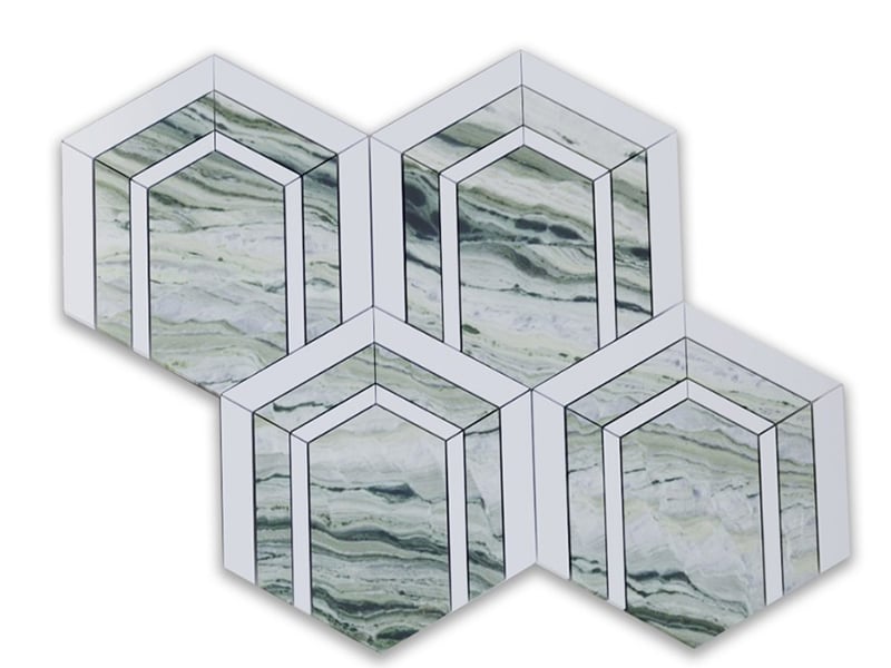 Green Marble and Crystal White Hexagonal Waterjet Mosaic Tile