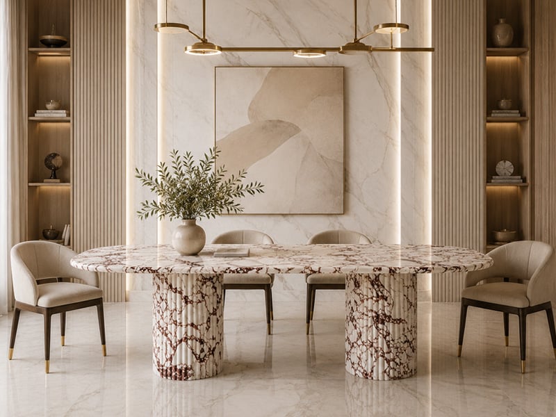 Calacatta Viola Marble Dining Table with Fluted Round Marble Legs