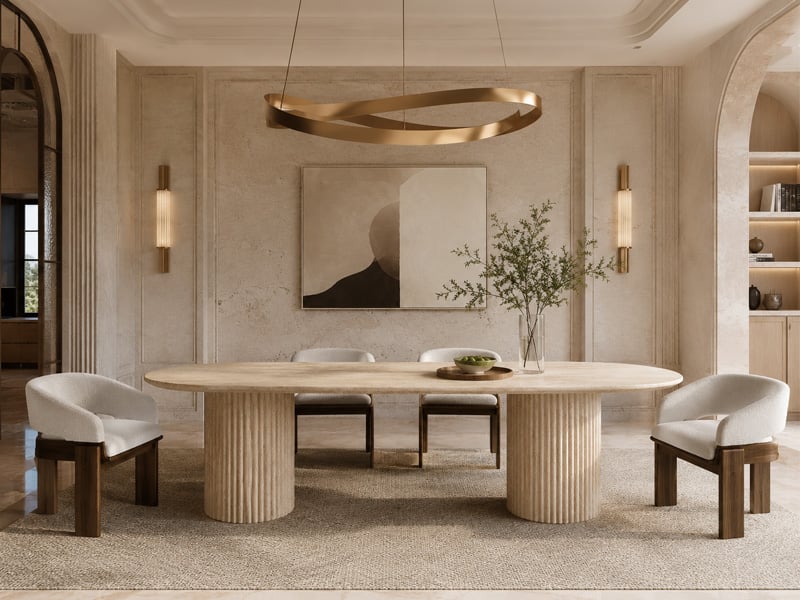 Oval Travertine Dining Table with Grooved Legs