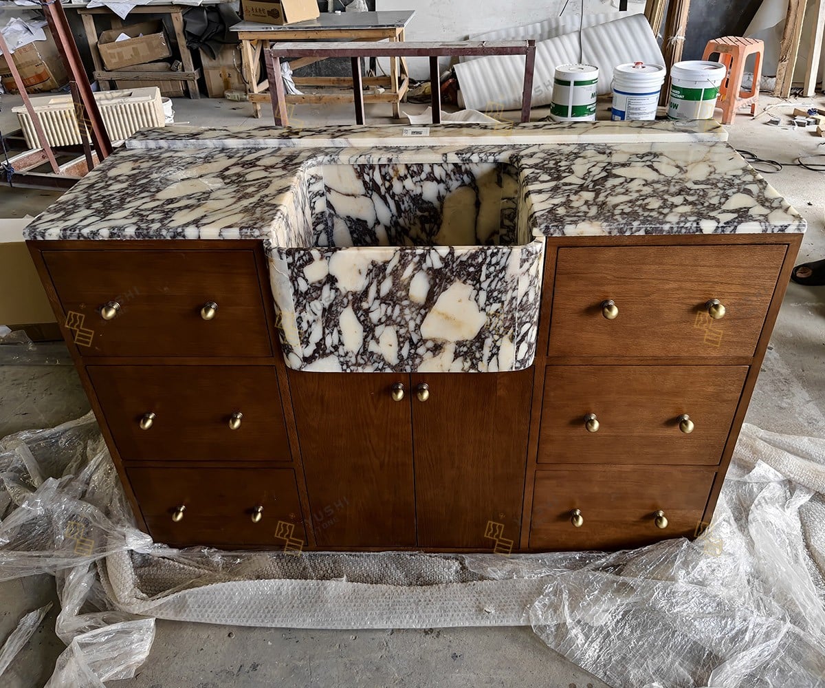 Custom Calacatta Viola Marble & Solid Wood Bathroom Vanity Pre-installation (1).jpg