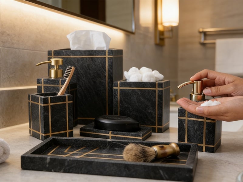 Natural Black Marble Bathroom Set with Gold Inlay