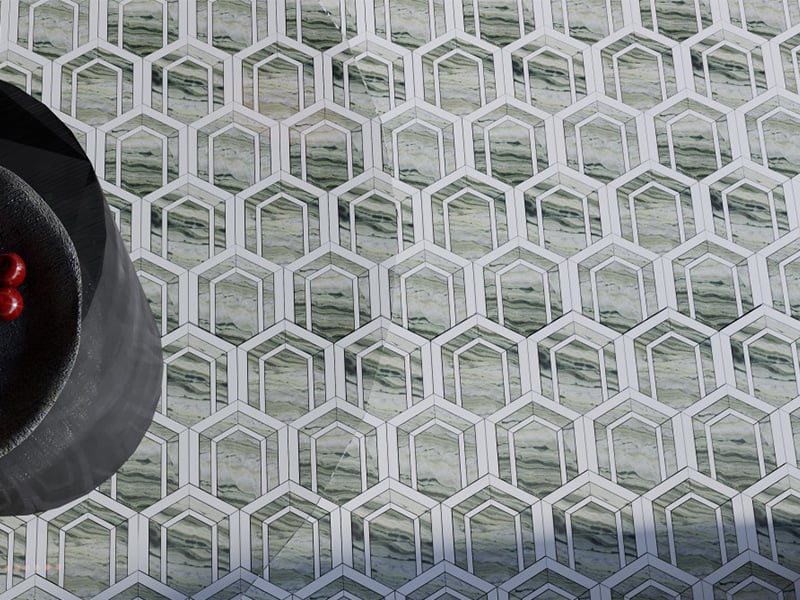 Green Marble and Crystal White Hexagonal Waterjet Mosaic Tile