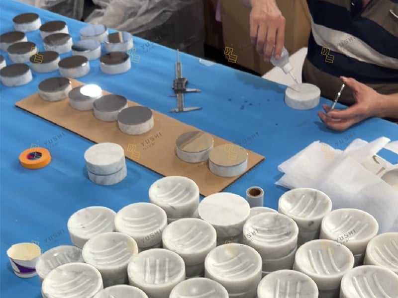 Custom Carrara Marble Soap Dishes Precision Metal Base Assembly (1).jpg