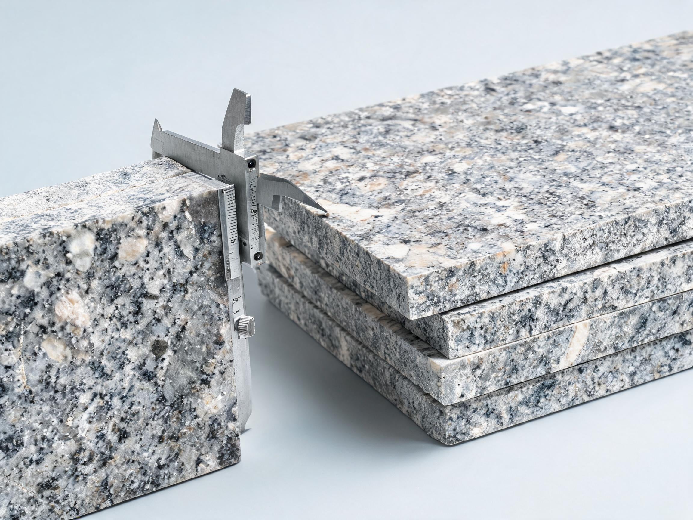 Precision measurement of natural stone floor tile thickness and dimensional tolerances using professional calipers