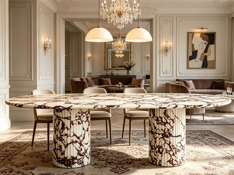 Calacatta Viola Marble Dining Table with Fluted Round Marble Legs