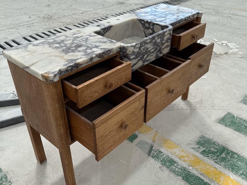 Natural Calacatta Viola Marble Bathroom Vanity Countertop with Wooden Cabinet