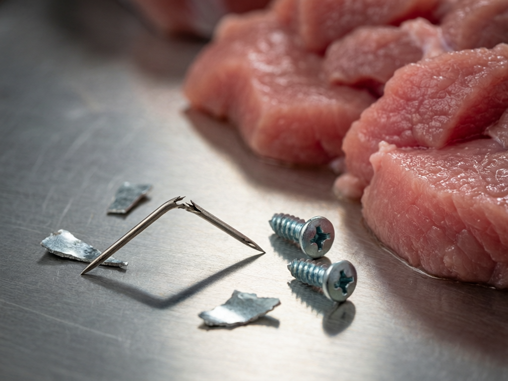 Contamination sources in meat processing — metal fragments near raw cuts
