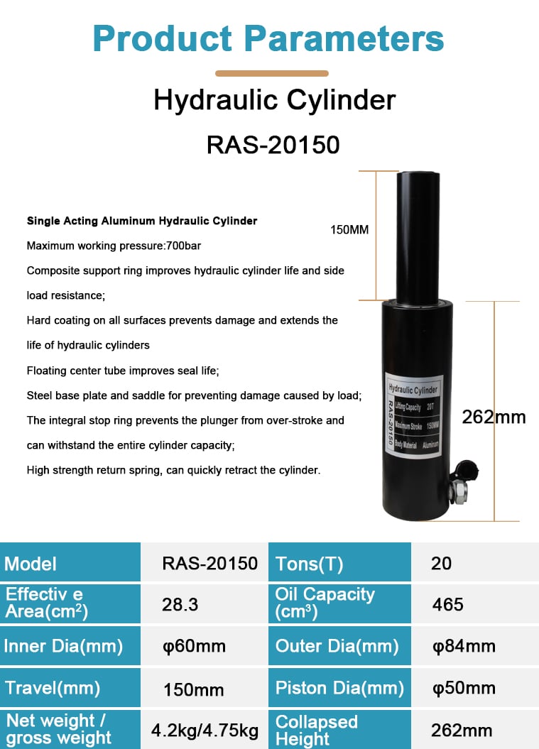 ras 20150 700 bar spring return aluminum lightweight hydraulic jack ram-1