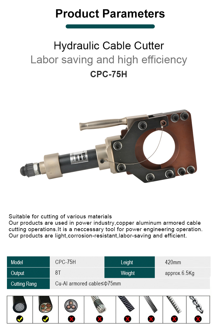 cpc 75h 8 ton hydraulic copper and aluminum armoured cable cutter tool-1