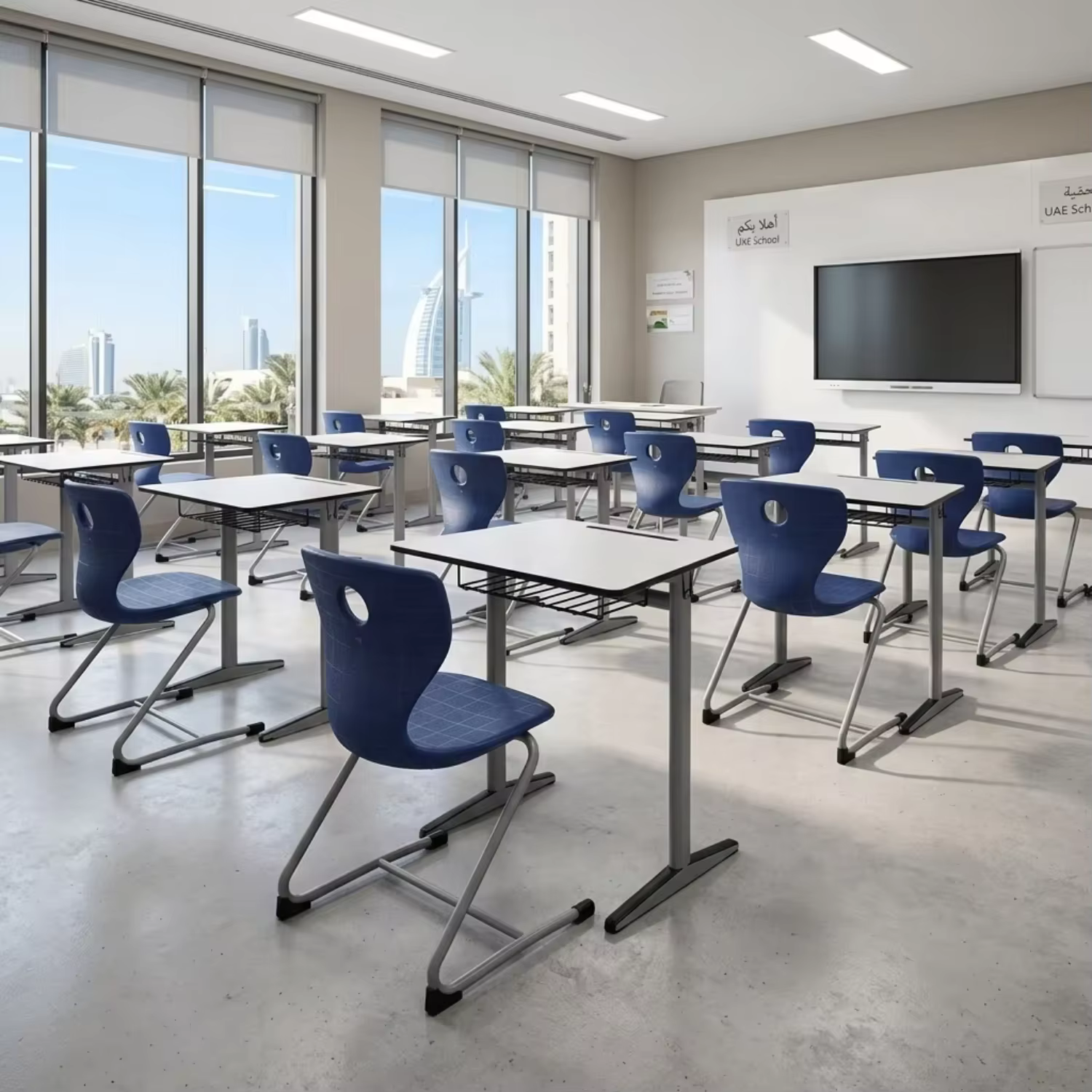 United Arab Emirates Laminate Board Trapezoidal Tabletop Student Desk and Chair School Furniture