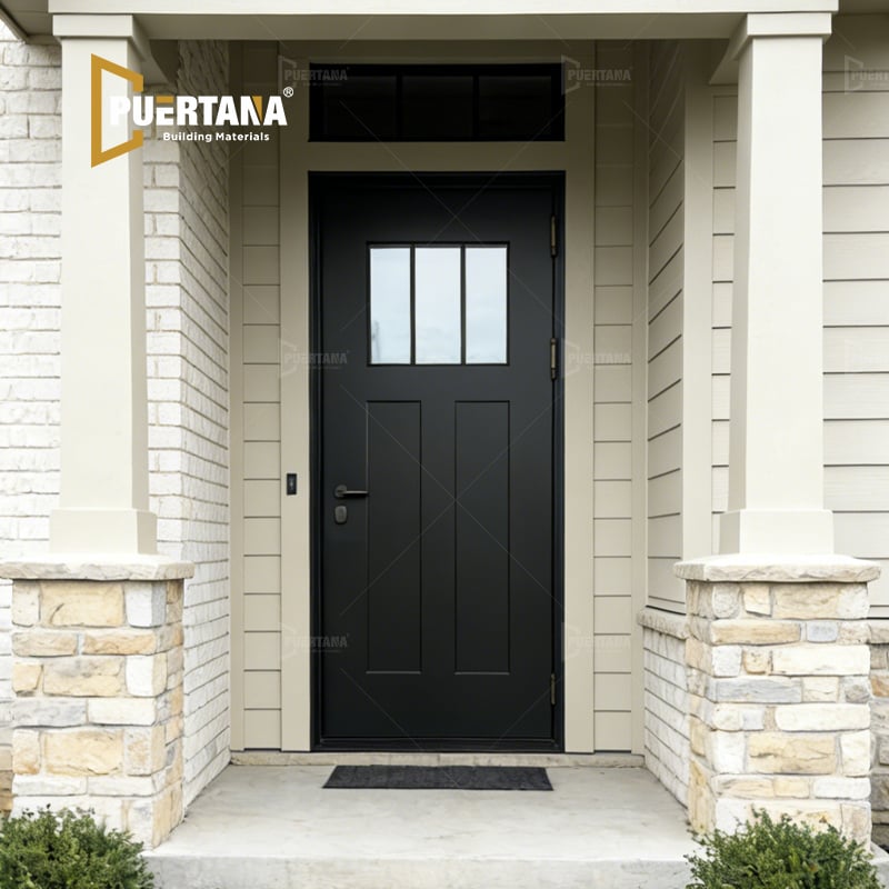 Custom Farmhouse Exterior Craftsman Aluminum Front Entryway Door on White Stucco House