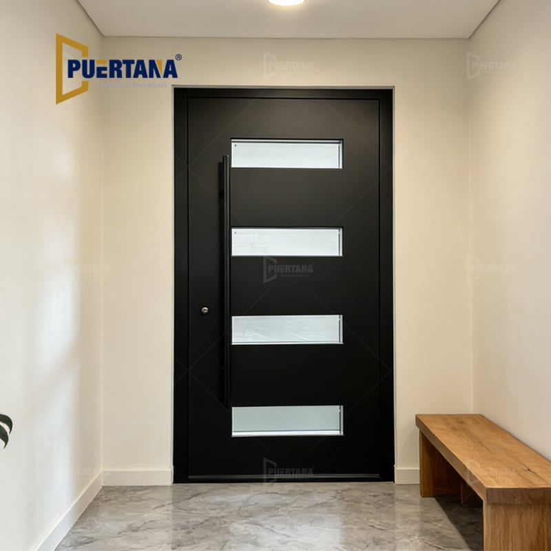 Customized Single Modern Aluminum Security Pivot Front Entry Door With 4 Built-in Glass