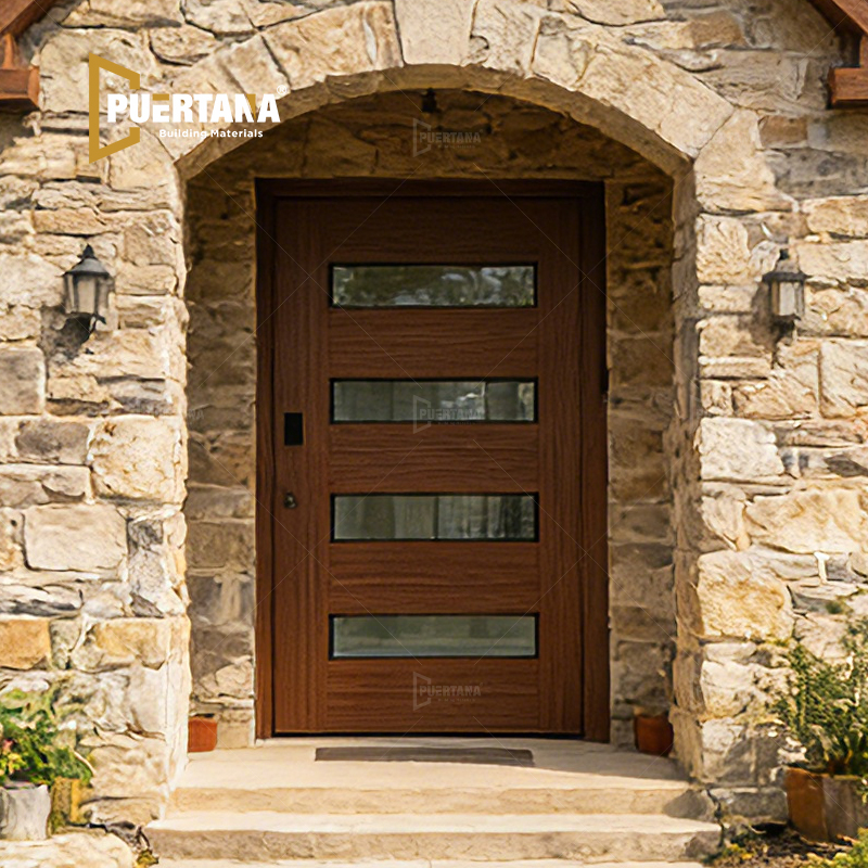 Minimalist Aluminum Pivot Entry Door with Decorative Glass Patterns