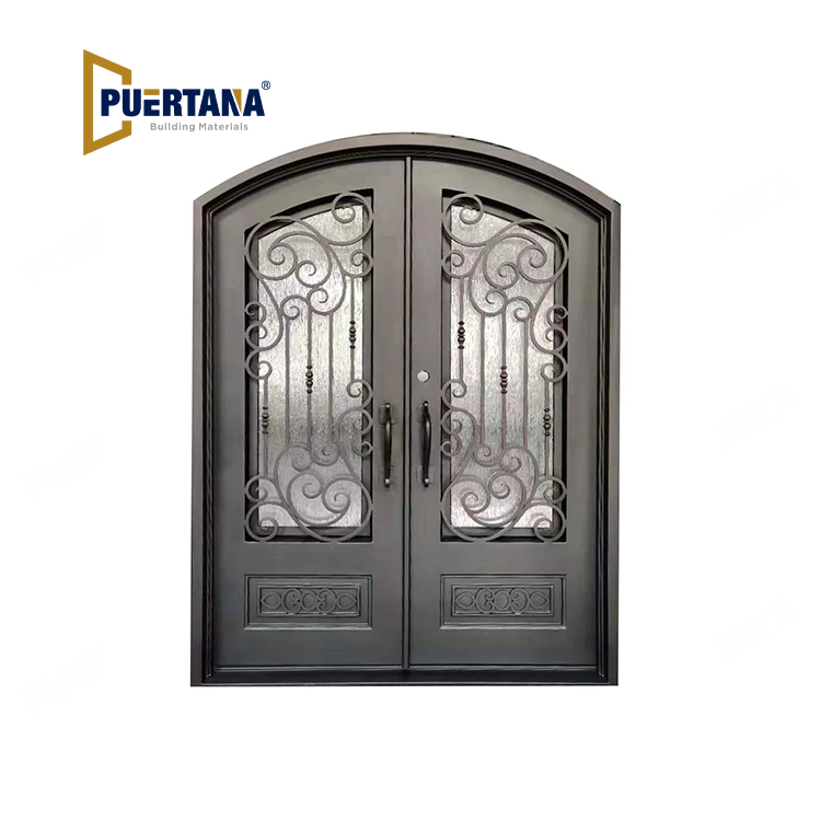 Alvarado Model Double Front Entry Iron Door With Tempered Rain Glass Dark Bronze Finish