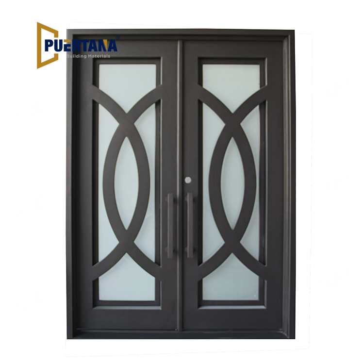Bellevue Model Double Front Entry Iron Door With Tempered Frosted Glass Dark Bronze Finish
