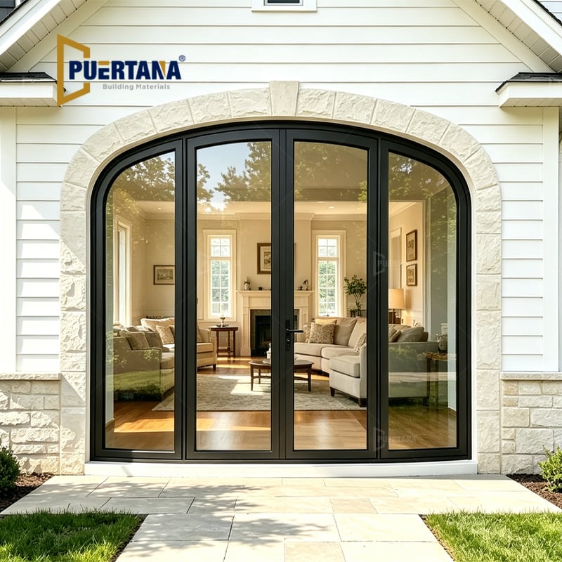 Soft Segmental Arched Top Gently Curved Header Radius Top Thermally Broken Aluminum French Double Swing Casment Doors