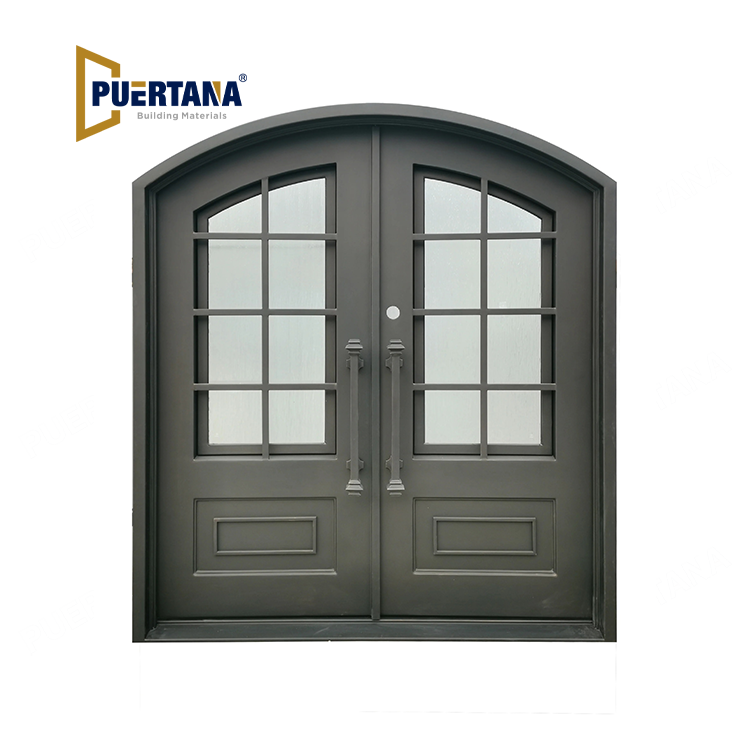 Anderson Model Double Front Entry Iron Door With Tempered Rain Glass Dark Bronze Finish