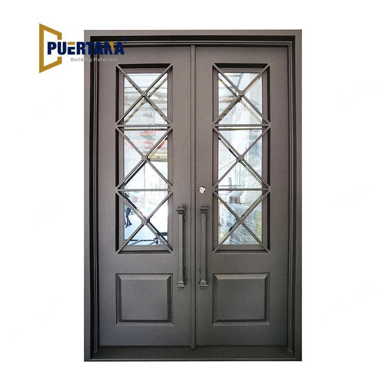 Boyd Model Double Front Entry Iron Door With Tempered Lowe Clear Glass Matt Black Finish