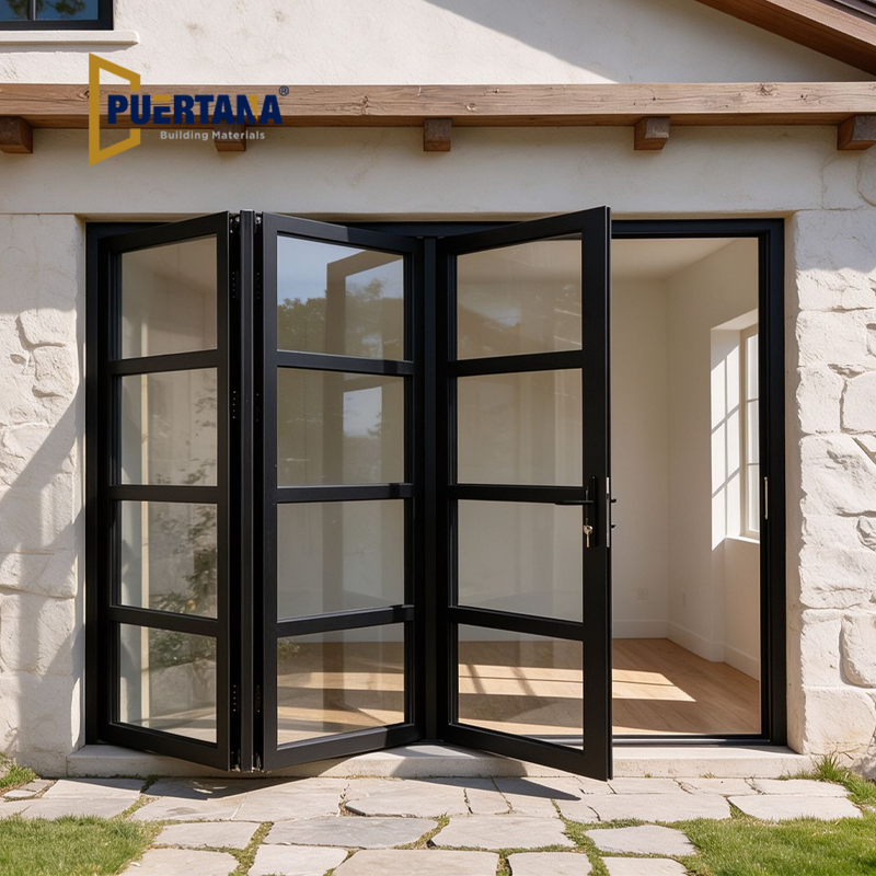 American Country Style Patio Entry Exterior Matte Black Aluminum Bi-Fold Door with Tempered Glass Panels