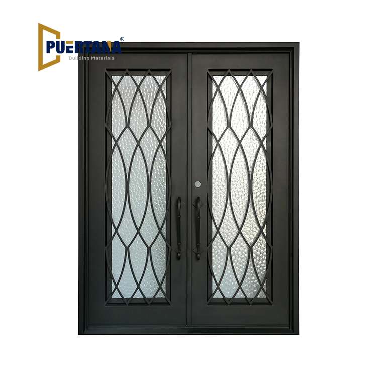 Burleson Model Double Front Entry Iron Door With Tempered Water Cube Glass Dark Bronze Finish