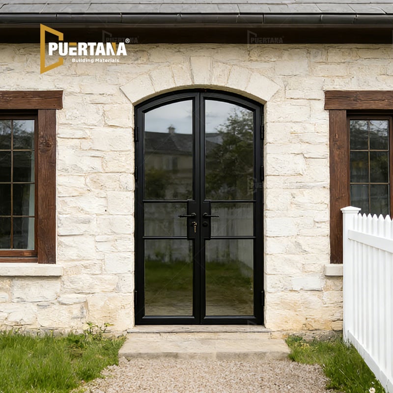 Exterior Crittal Style Steel Look Aluminum Double French Glass Patio Door With Arched Top Design