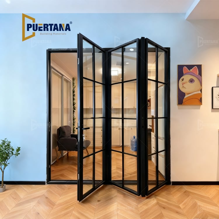 Steel Look Aluminium Tempered Glass Front Accordion Folding Door Exterior House Aluminum Bifolding Patio Door