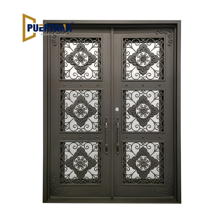 Allen Model Double Front Entry Iron Door With Tempered Rain Glass Dark Bronze Finish