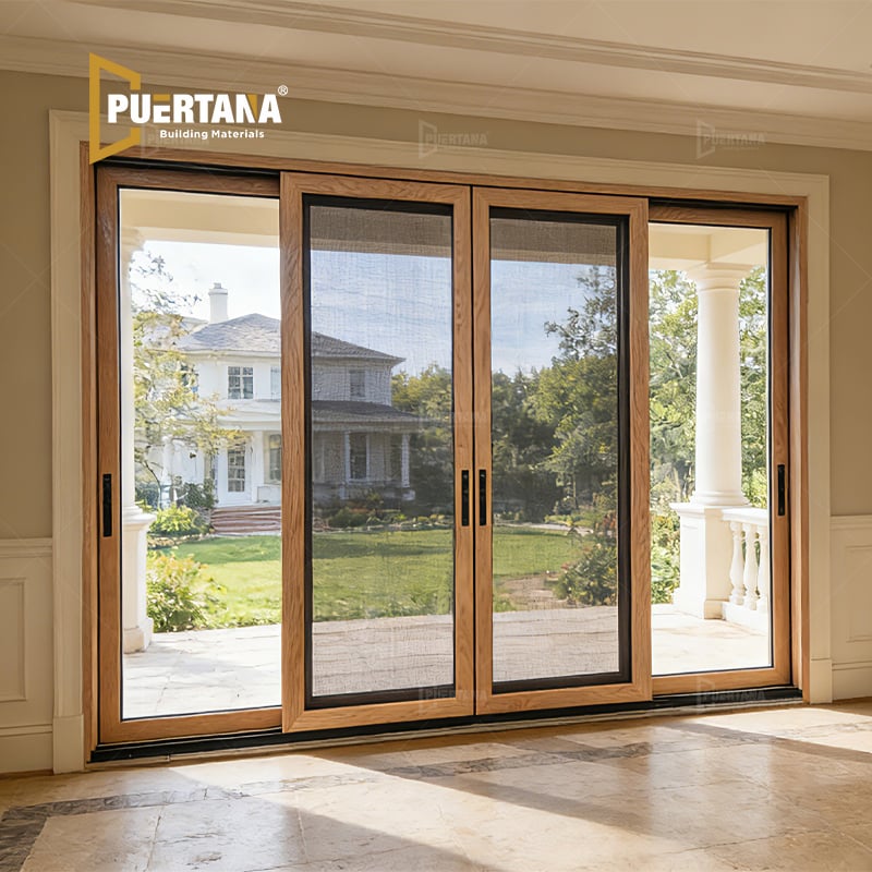 Puertas correderas de patio exteriores residenciales aisladas de alta calidad compuestas de aluminio y madera con pantalla anti mosquitos