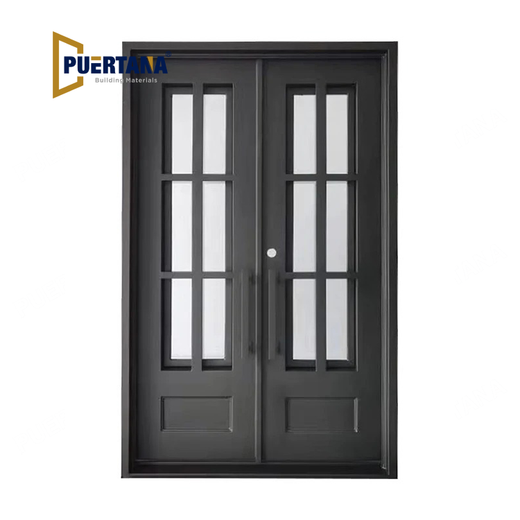 Boyd Model Double Front Entry Iron Door With Tempered Lowe Clear Glass Matt Black Finish