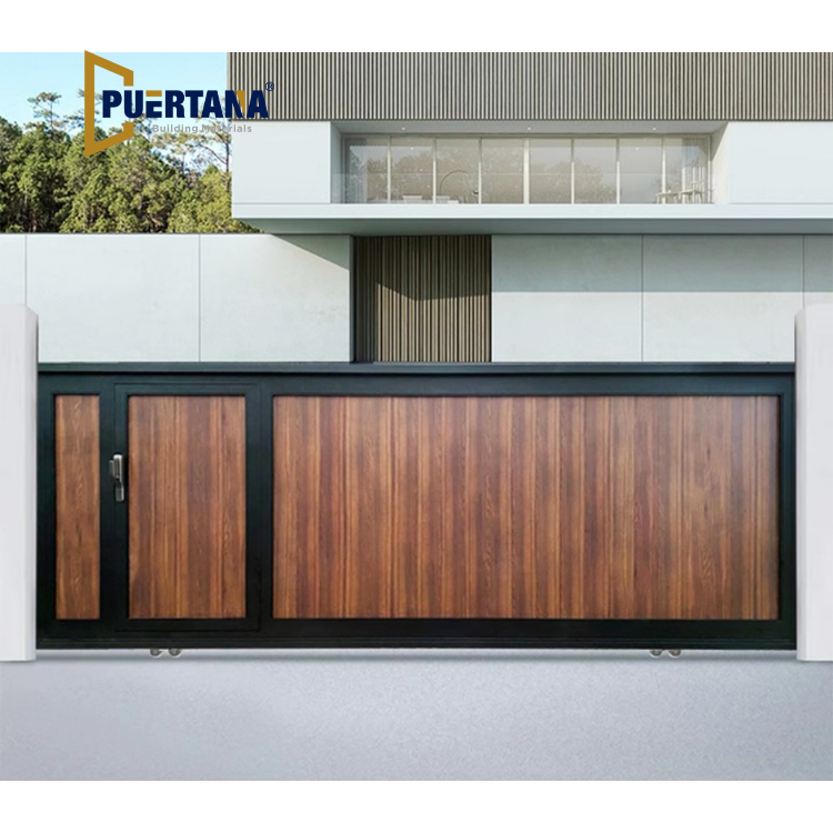 بوابة دريف واي جاردن منزلقة من الألمنيوم بتصميم يشبه الخشب