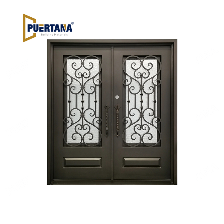 Bellmead Model Double Front Entry Iron Door With Tempered Water Cube Glass Dark Bronze Finish