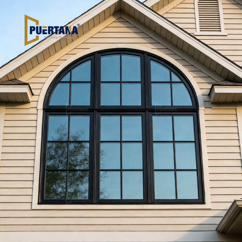 Large Black Arched Shaped Aluminum Casement Window With Grilles Design For Historical Renovation