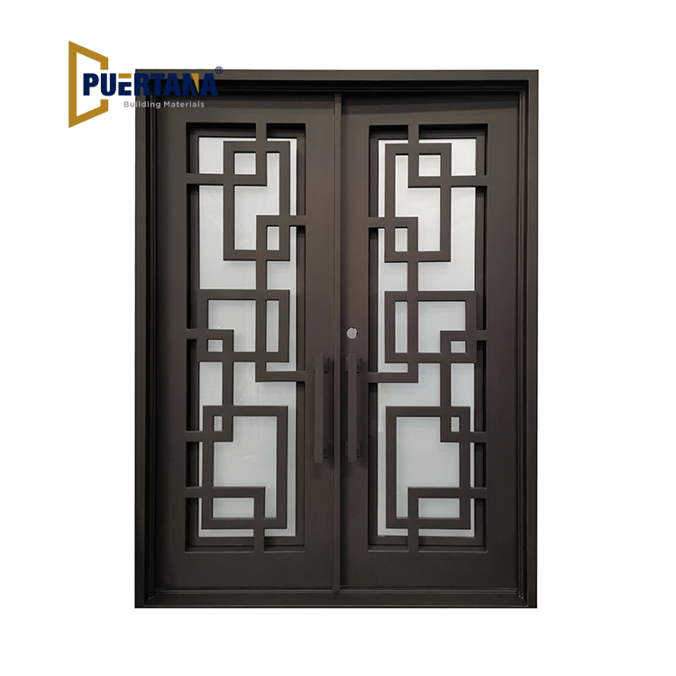 Baytown Model Double Front Entry Iron Door With Tempered Frosted Glass Dark Bronze Finish