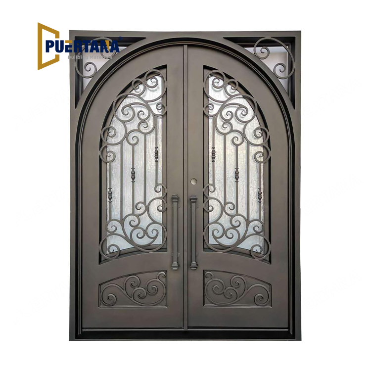 Conroe Exterior Pre-Hung Double Front Entry Door Wrought Iron with Operable Tempered Rain Glass Inside Swing Dark Bronze Finish