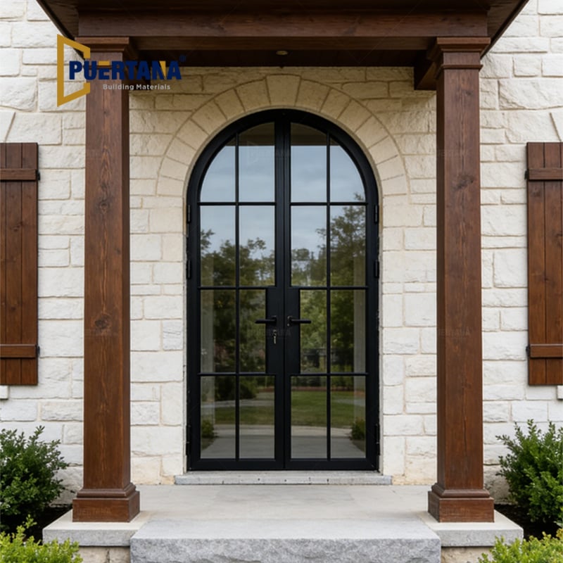Arched Top Steel Look Thermally Broken Aluminum Double French Patio Glass Doors