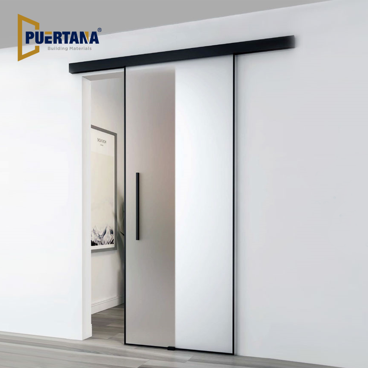 Interior Top Hung Wall Mounted Matt Black Slim Frame Aluminum Sliding Glass Doors