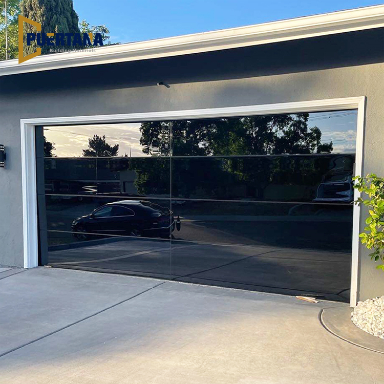 Residential Full View Garage Doors Overhead Flush All Mirrored Black Glass Frameless Aluminium Sectional Garage Door