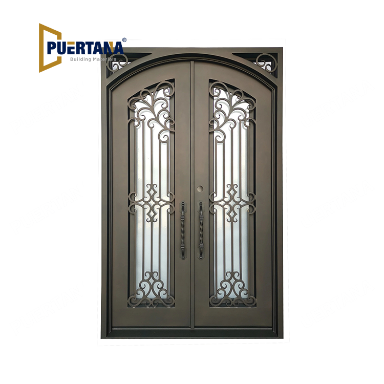 Hidalgo Model Double Front Entry Iron Door With Tempered Aqua Lite Glass Dark Bronze Finish