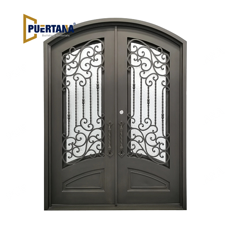 Archer Model Double Front Entry Iron Door With Tempered Water Cubit Glass Dark Bronze Finish