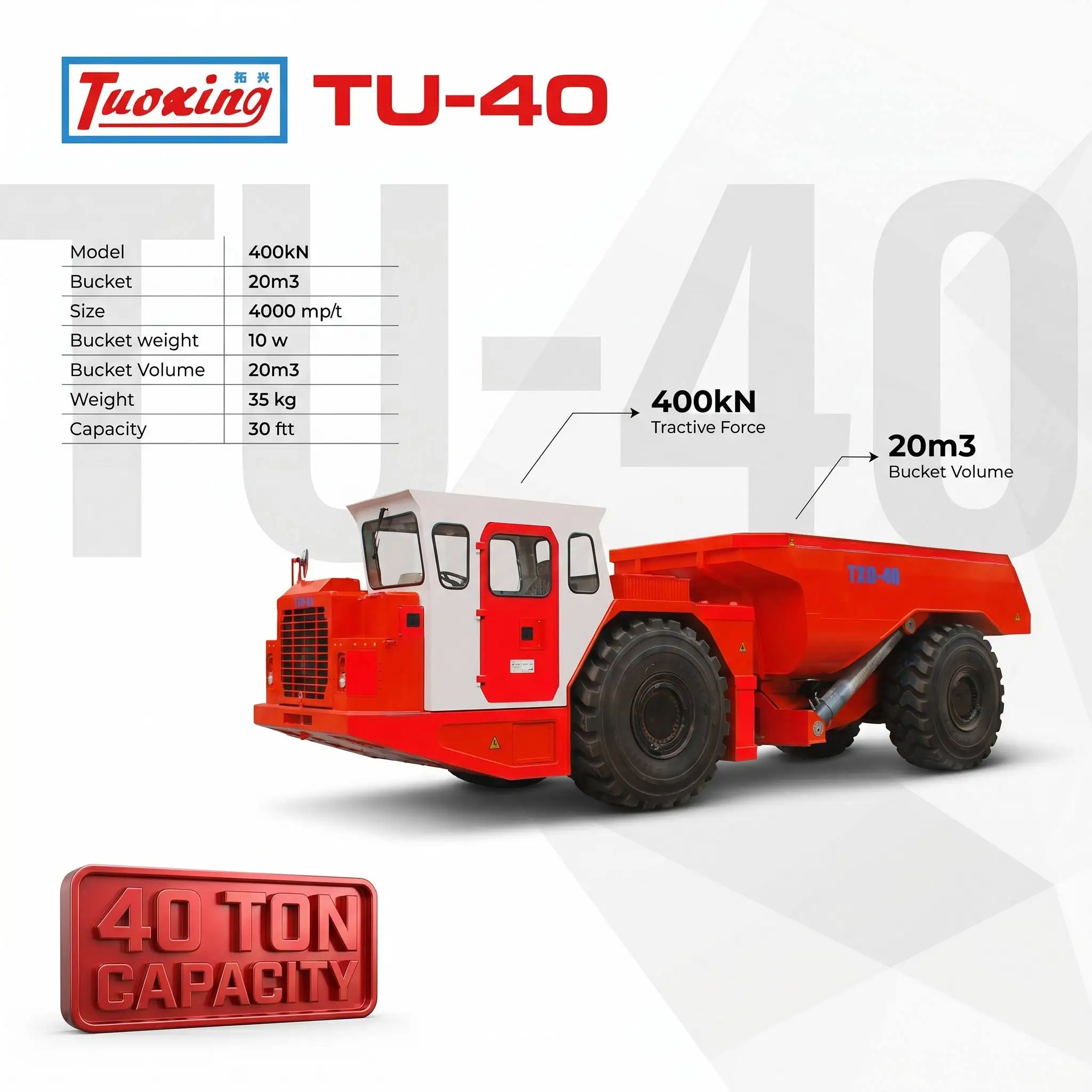 Yantai tuoxing Underground Mine Dump Truck TU-40 gold mining equipment Underground Dumper Truck