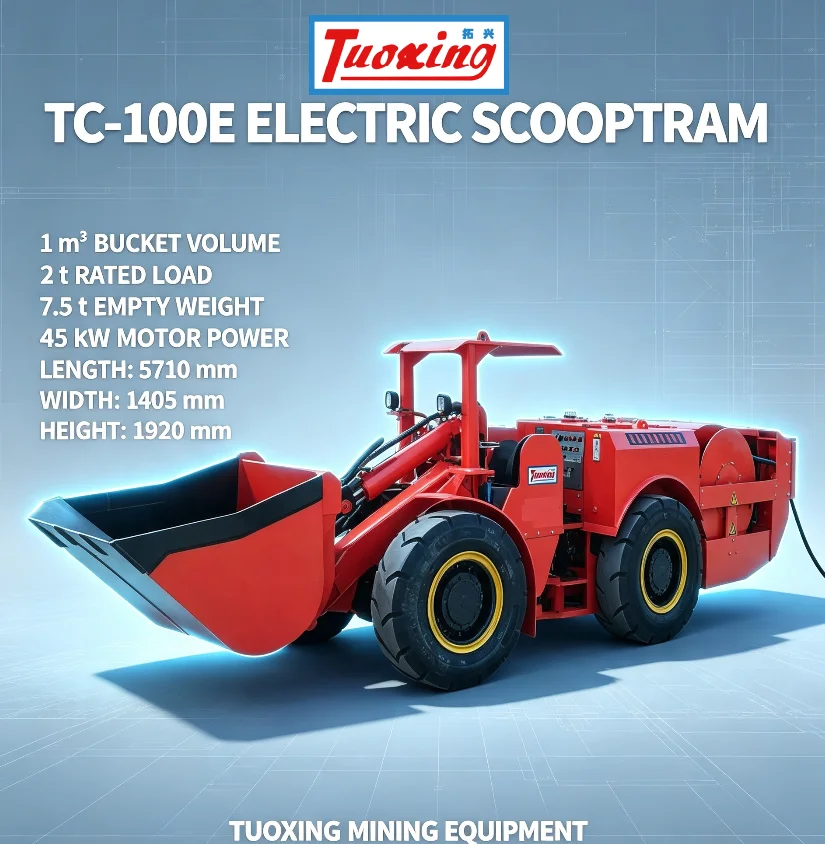 TC-100E Yantai tuoxing China 1Cbm Górnicze Podziemne Elektryczne Ładowacze z Pojemnością Wiaderka 2 Tony