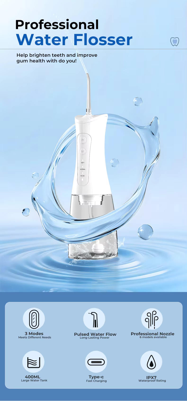 New Portable Water Floss IPX7 Waterproof with 400ml Large Capacity Removable Water Tank manufacture