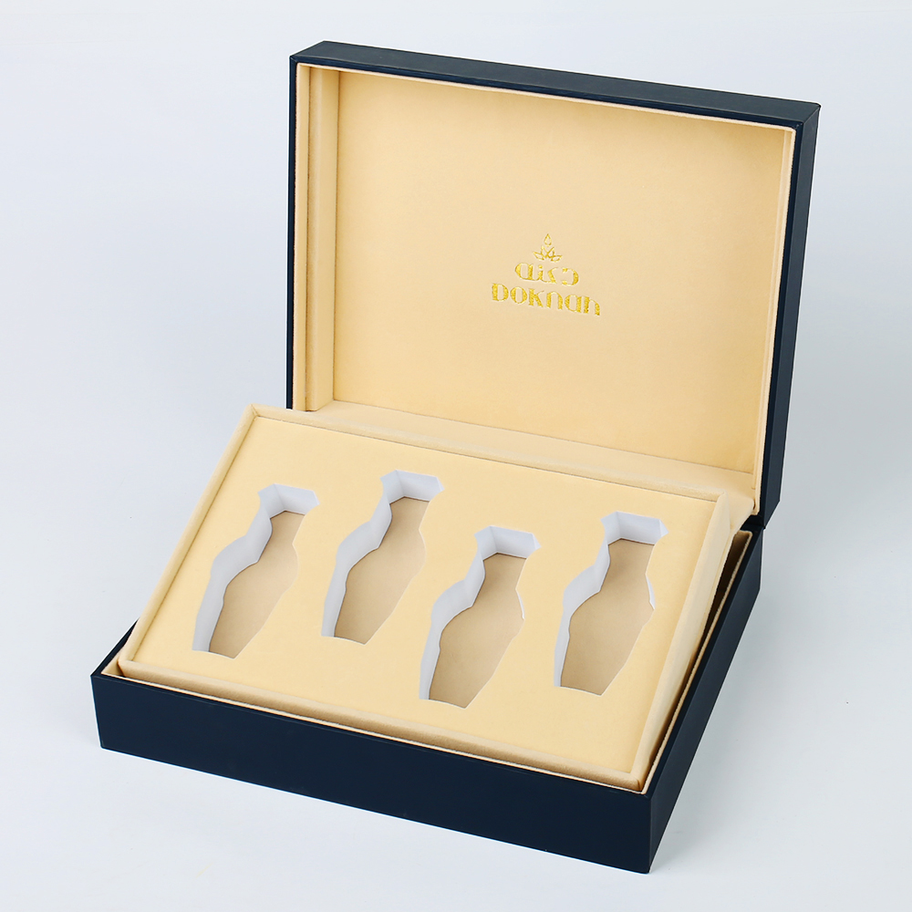 Custom Luxury Perfume Essential Oil Packaging Box Flip Box Type Foam Velvet Lining 4-Bottle Paper Box