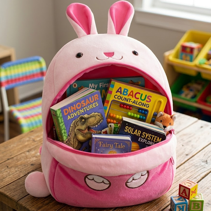 SUSHAN Custom made cute cartoon rabbit plush polyester backpack stylish zippered schoolbag for kids
