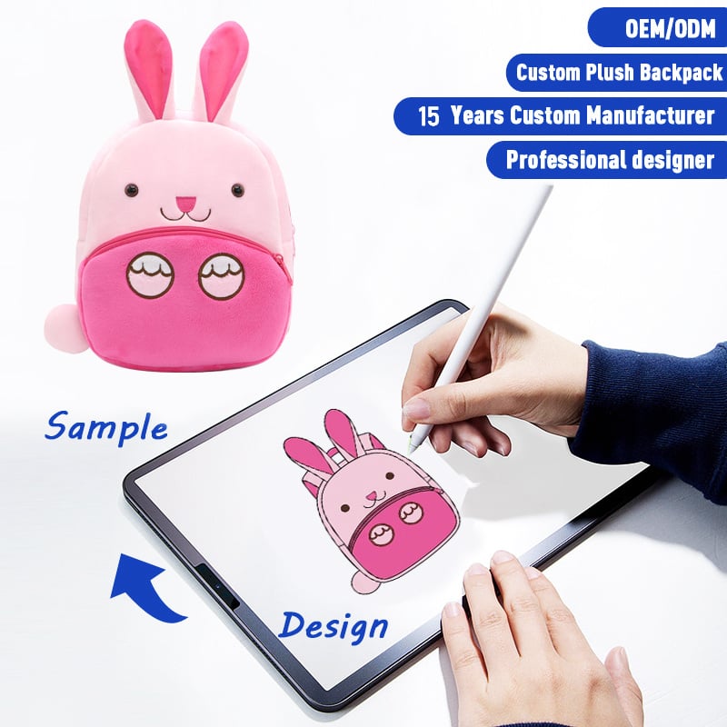 SUSHAN Custom made cute cartoon rabbit plush polyester backpack stylish zippered schoolbag for kids