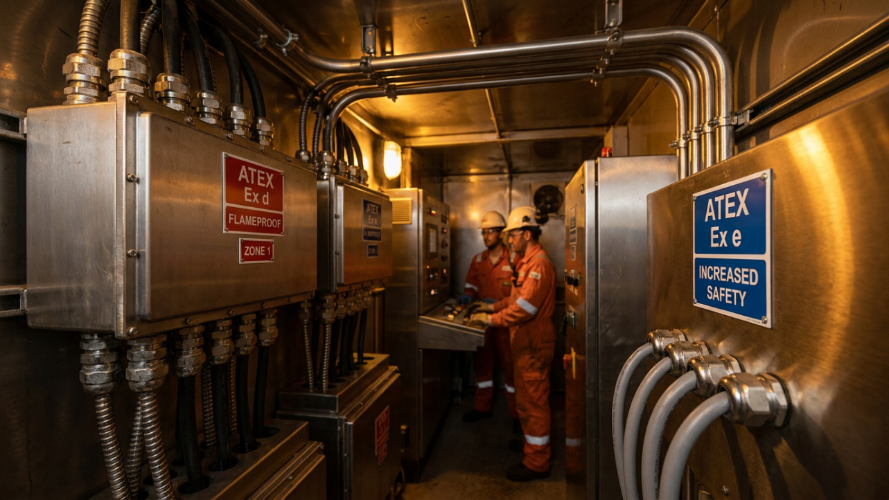 Ex d flameproof (left enclosure) and Ex e increased-safety (right enclosure) cable glands installed in a petrochemical plant Zone 1 panel room